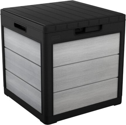 Keter Denali 30 Gallon Resin Outdoor Storage Box and Patio Storage Box Side Table for Pool and Garden Accessories, Grey & Black