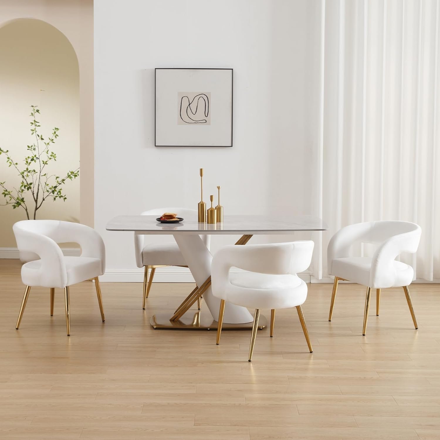 White Upholstered Dining Chairs Set of 4, Luxury Velvet Dining Room Chairs with Gold Metal Legs Modern Comfy Barrel Armchairs for Kitchen Living Room Recepition Restaurant