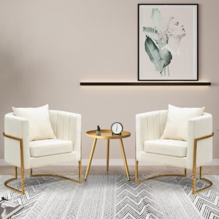 Velvet Accent Chairs Set of 2, Mid Century Modern Upholstered Barrel Armchair with Pillow for Living Room, Comfy Single Club Chair with Metal Gold Legs for Bedroom, White
