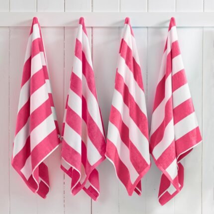 Great Bay Home 100% Cotton Velour 4 Pack Beach Towels | Pink Cabana Stripe Pool Towels | Quick Dry, Large Swim Towels for Adults and Kids (4 Pack 30" x 60", Bright Pink)