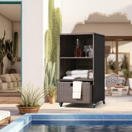 Outdoor Towel Rack for Pool Outdoor Pool Towel Storage Cabinet with Shelf & Drawer Pool Towel Valet Caddy with Rolling Wheels Wicker Pool Towel Holder with Cover for Poolside Hot Tub Espresso