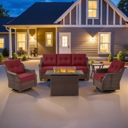 Luxury Wicker Patio Furniture Set with 41” Fire Pit Table - Swivel Rocker Glider Outdoor Chairs with Sofa and Glass Top Side Table, All-Weather Removable 6" Red Seat Cushion for Patio Evenings