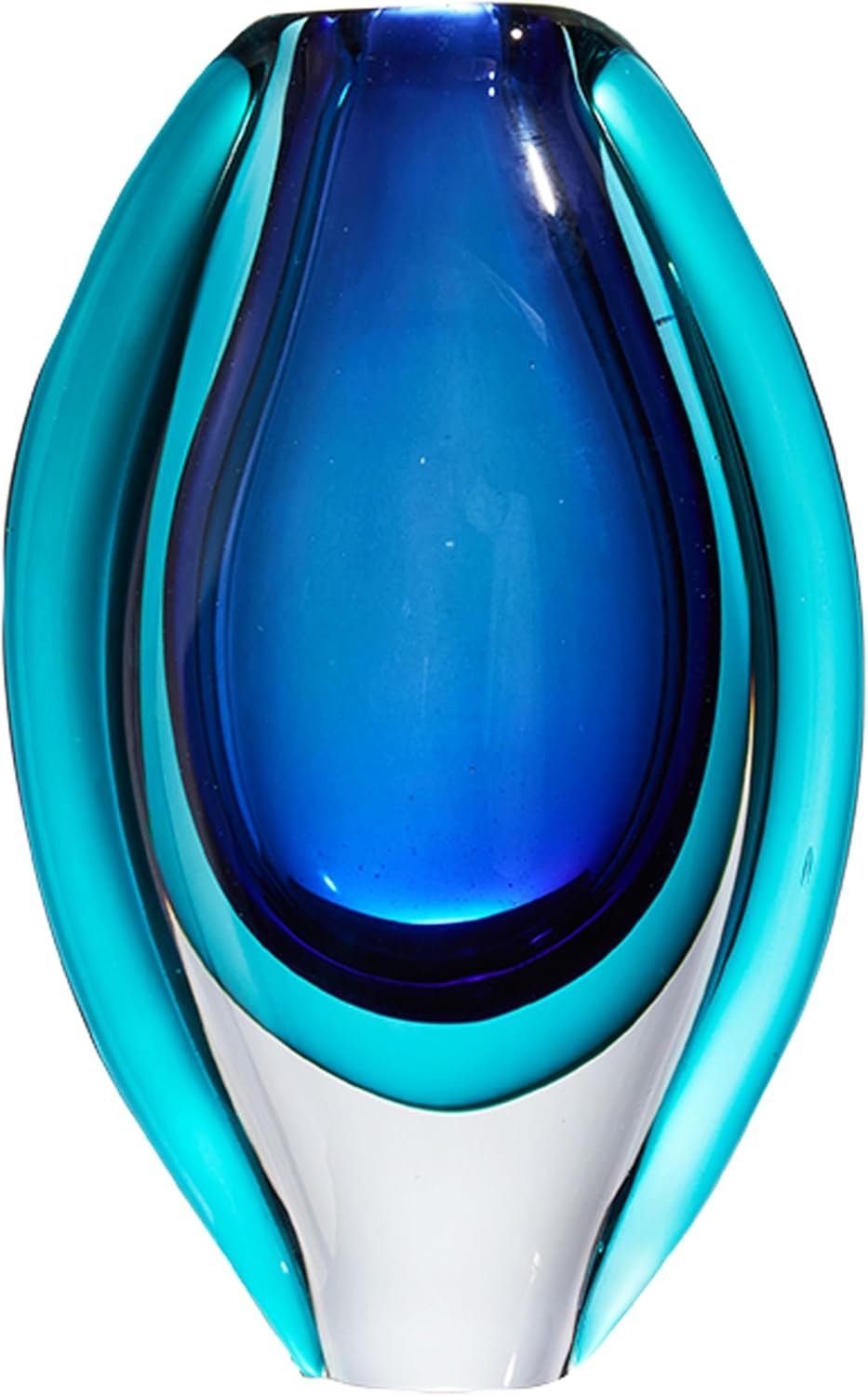 Luxury Lane Hand Blown Sommerso Oval Art Glass Vase for Decor 8.5 inch Tall Centerpiece Table Decoration London Blue