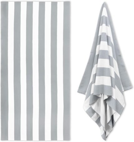 Large Oversized Beach Towel - 35 x 70 Inch Microfiber Pool Towel, Grey Striped Quick Dry Cabana Swim Towel