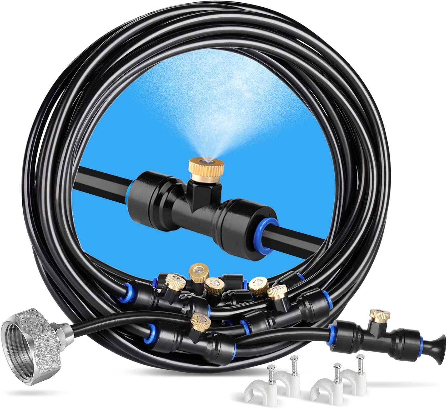 HOMENOTE Misting Cooling System, 26FT (8M) Misting Line + 7 Brass Mist Nozzles + Brass Adapter(3/4") Outdoor Mister for Patio Backyard Garden Greenhouse