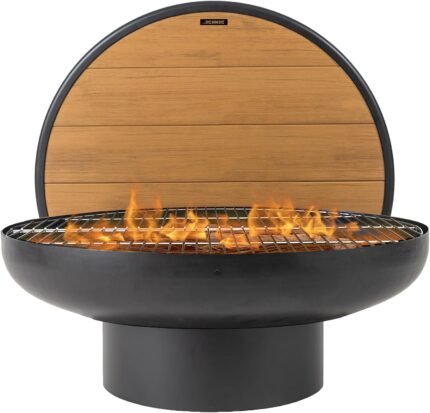 32 Inch Round Fire Pit Table with Fire Pit Grill, Extra Thick, Heavy Duty Fire Bowl, Deep Outdoor Firepit, Wood Burning Firepits for Outside Patio, Backyard Fire Pits, Large BBQ Pit