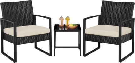 Yaheetech 3 Pieces Rattan Bistro Set, Outdoor Wicker Patio Modern Conversation Furniture, 2 Chairs & Tempered Glass Coffee Table for Garden, Balcony, Backyard, Poolside, Black/Beige