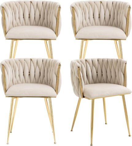 Kiztir Velvet Dining Chairs Set of 4, 4 Piece Upholstered Woven Dining Chairs with Gold Metal Legs Modern Dining Room Chair for Living Room, Bedroom, Kitchen (Beige)