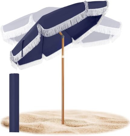 Talltalk 6 Ft Outdoor Beach Patio Umbrella with Fringe, Steel Pole, Steel Ribs and Carry Bag Elegant Table UPF 50+ UV Boho Umbrella for Outdoor Patio Picnic Beach Backyard