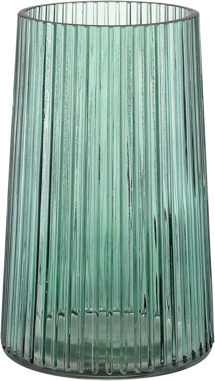 Green Glass Vase for Flower, Flower Vase for Bouquet, Modern Glass Vases, Ribbed Vases for Living Room, Bedroom, Dining Table, Office, Wedding, Centerpieces, 8 Inches