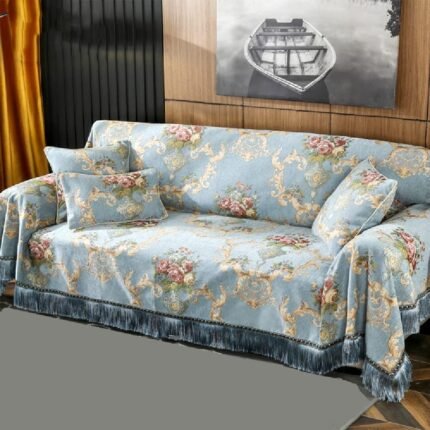 Amidoudou European Luxury Couch Cover for Loveseat Cushion Couch, Sectionals L Shaped Couch,Jacquard Chenille Sofa Cover Slipcover with Tassels (Blue,Large 71"x102")