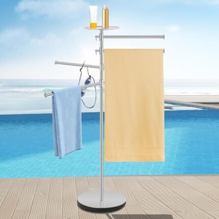 Outdoor Towel Rack with Weighted Base, Stainless Steel Pool Towel Rack Outdoor with Storage Tray, 4 Adjustable Bars - Free Standing Poolside Towel Storage Holder for Spa, Hot Tub & Patio