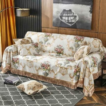 Amidoudou European Luxury Couch Cover for 3 Seat Cushion Couch, Sectionals L Shaped Couch,Jacquard Chenille Sofa Cover Slipcover with Tassels (Beige,XX-Large 71"x137")