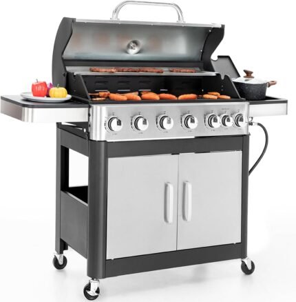 Sophia & William 6-Burner Propane Gas BBQ Grill with Side Burner & Porcelain-Enameled Cast Iron Grates, Stainless Steel Barbecue Grills Outdoor Cooking for Outside, 665 SQ.IN. Cooking Area, 65,800BTU