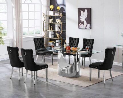 SSLine 7-Piece Silver Glass Dining Table Set for 6, Modern Luxury 70" Glass Kitchen Table with Large Pedestal Stainless Steel Base, Elegant Dining Room Table Set with 6 Black Tufted Chairs