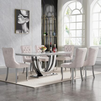Luxury 7 Piece Dining Table Set for 6,Modern White Faux Marble Kitchen Table and Chairs for 6, Rectangle Dining Room Table Set with 6 Beige Upholstered Dining Chairs,Silver Dining Table Set for 6