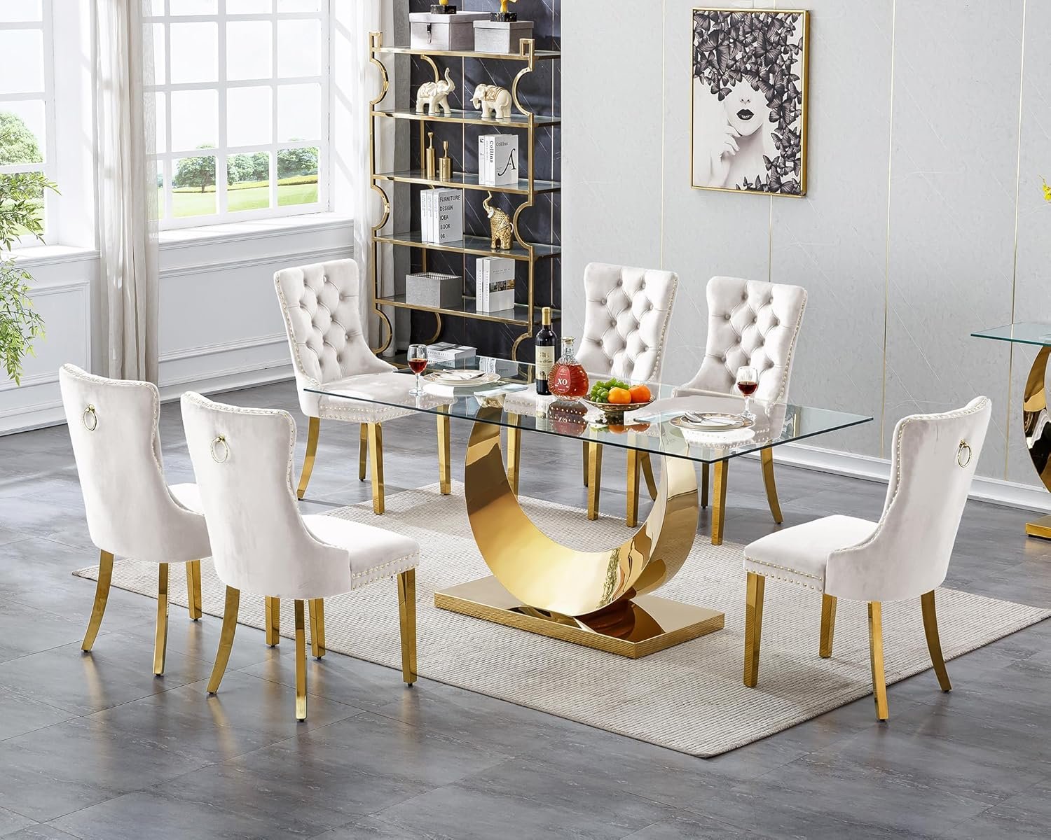 70" Glass Dining Room Table Set for 6, 7-Piece Rectangle Modern Luxury Kitchen Dining Table Set with U-shaped Gold Stainless Steel Legs&6 Beige Velvet Dining Chairs, Kitchen Table & Chairs Set