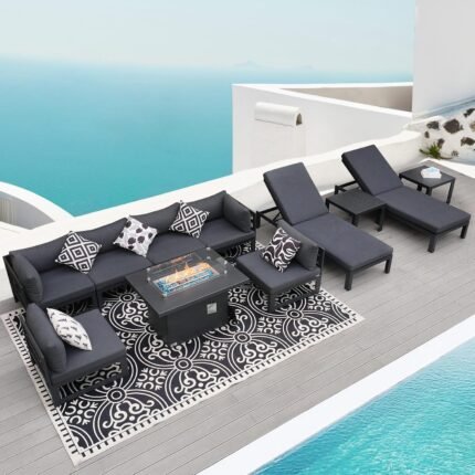 NICESOUL 11 Pieces Large Outdoor Aluminum Furniture Set with Firepit Lounge Chair Table Patio Chaise Set with Fire Table Aluminum Frame Conversation Set for Pool Garden Yard Luxury
