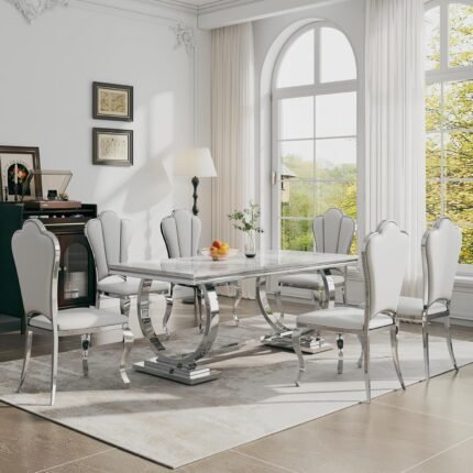 Luxury 7-Piece Marble Dining Table Set, 70" Double O-Shaped Faux Marble Kitchen Table and 6 Petal-Shaped Leather Chairs, for Kitchen, Dining Room (1 White Table + 6 White Chairs)