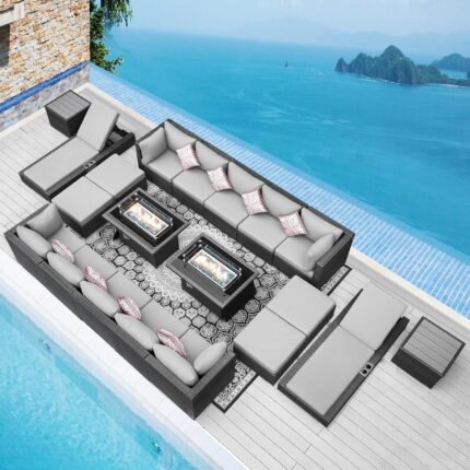 NICESOUL 20 Piece Extra Large Patio Furniture Set w/Fire Pit Table & Chaise Lounge, Modern Luxury Outdoor Group Seating w/Firepit, Comfortable 29.3" High-Back Sectional Couch Deep Seat, Light Gray