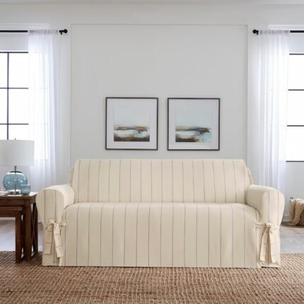 SureFit Heavyweight Cotton Duck Sofa Slipcovers, Printed Heavyweight Cotton Sofa Cover, One Piece Design, Couch Cover with Seat Elastic and Adjustable Corner Ties, Natural with Blue Stripe
