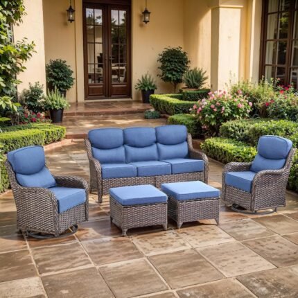 Luxury High Back Outdoor Furniture with 6-inch Extra Thick Cushions, Patio Furniture Set with Swivel Chairs, 5 PCS Wicker Conversation Set for Yard, Deck, Poolside, Brown/Blue