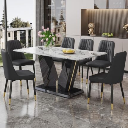 Dining Table Set for 6,7 Piece Dining Table Set,63" Rectangle Modern Dining Table Set for 6,White Marble Dining Room Table Set for 6 Black Textured PU Leather Dining Chairs for Kitchen,Dining Room