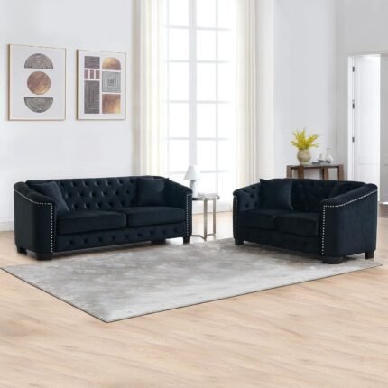 mikibama Luxury 2 Piece Chesterfield Velvet Sofa Set for Living Room, Modern Decor Furniture Sectional Sofa, 3 Seater & Loveseat Upholstered Tufted Couch for Apartment, Office, Hall(Black)
