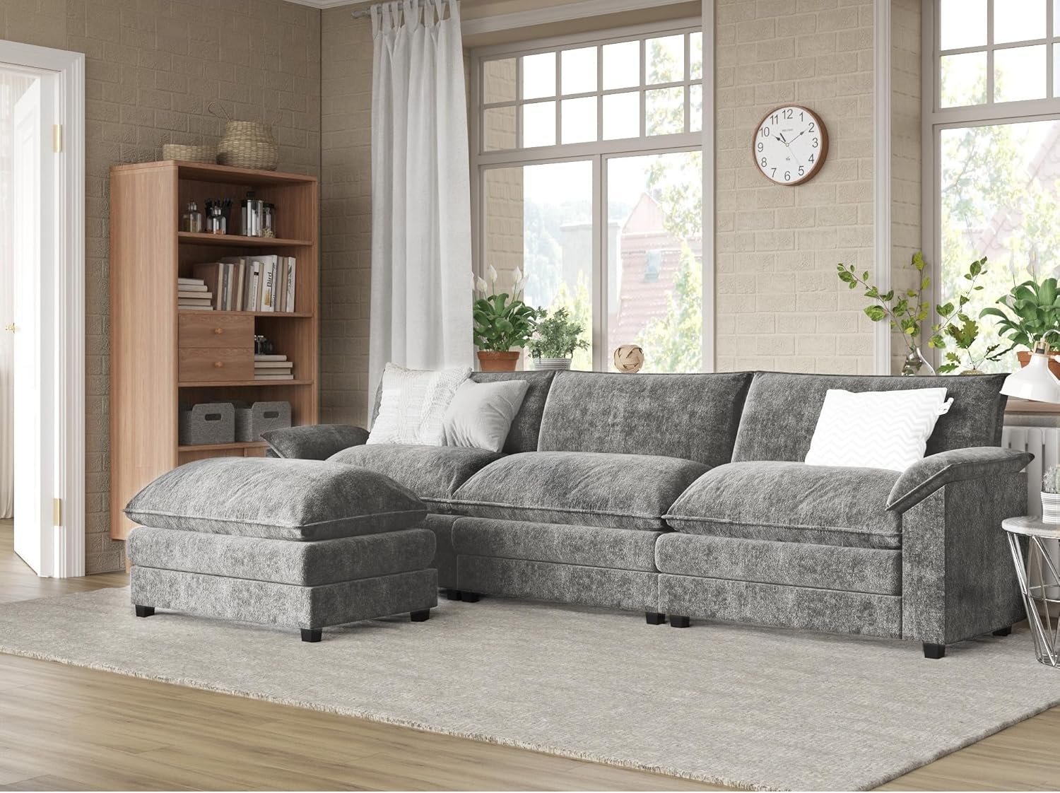 Furmax Modern Convertible Sofa L Shaped Couch, Fabric 4 Seat Sofa Set with Ottoman, Modular Sectional Sofa Couch, Sectional Couches for Living Room, Apartment (Light Grey)