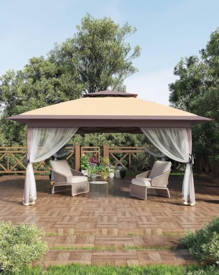 Canopy Tent 13x13, Pop Up Gazebo Tent Easy Setupwith 4 Sand Bags for Backyard Garden Patio,Mosquito Netting & Height Adjustable - Khaki