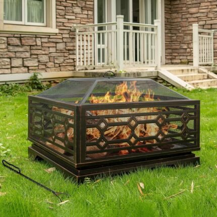 Outdoor Fire Pit, 32 Inch Wood Burning Firepit for Outside with Mesh Cover & Fire Poker, Large Extra Deep Square Metal Fireplace for Patio, Backyard, Camping, Bonfire Party