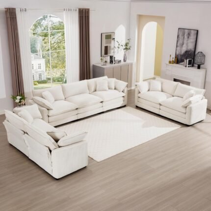 mikibama Luxury 3 Piece Sofa Set, 3-Seater & 2 Loveseat Couch Set, Modern Corduroy Comfy Cloud Couches Set for Living Room Office with 6 Armrest Pillows and 7 Toss Pillows, Beige