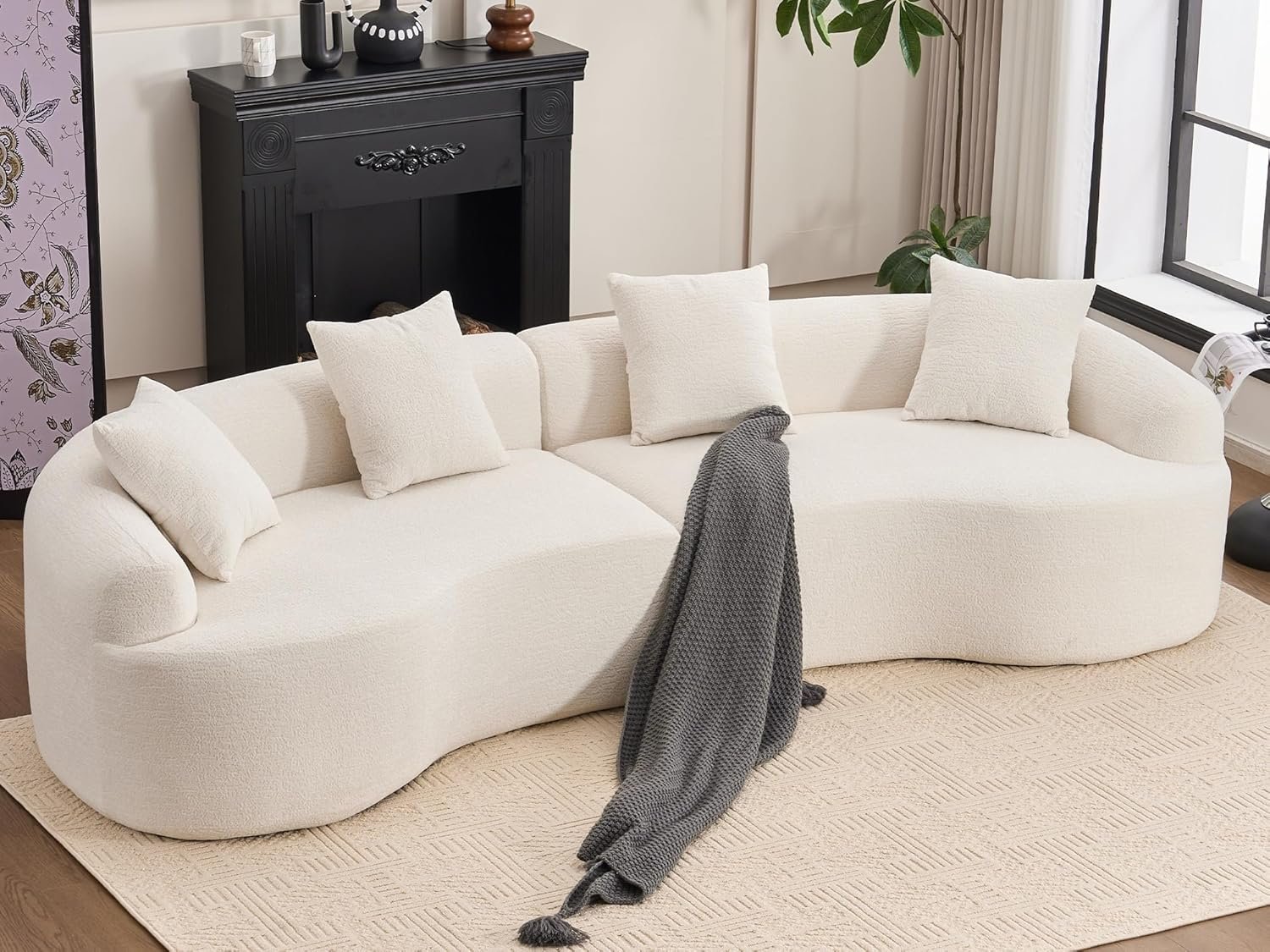 KEIKI Curved Chenille Modular Sectional Couches with Pillows, 4 Seater Oversized Upholstered Luxury Plush Cloud Sofa for Living Room Apartment, White