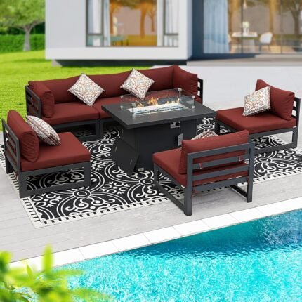 BULEXYARD 7 Pcs Grey Aluminum Patio Furniture Set with Fire Pit Table & Red Cushion, Large Modern Outdoor Modular Sectional Sofa, Luxury Deep Seat Conversation for Backyard Pool