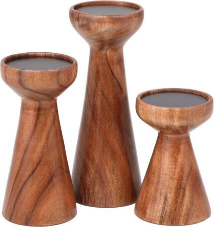 BIRDROCK HOME 3pc Flare Candleholders - Farmhouse Wooden Pillar Stand Set - Large Decorative Wood Candlestick - Table Centerpiece & Mantle Decor - Tall Tiered Candle Holders for Decorations - Natural