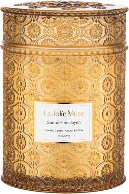 LA JOLIE MUSE Sandalwood Candle, 19 oz Wood Wicked Large Candles for Home Scented, Scented Candle Gifts for Men&Women, Long Burning Glass Jar Candles, Santal Himalayen