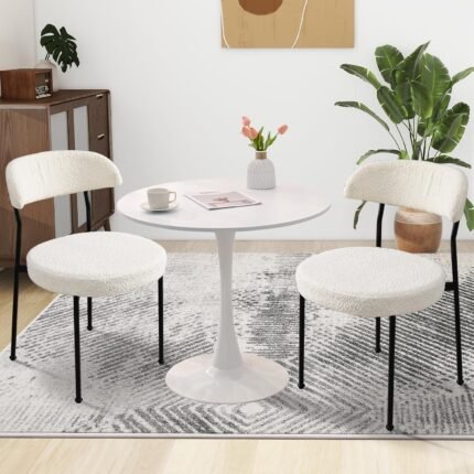 SoarFlash Kitchen Table and Chairs for 2, Dining Table Set for 2 with Boucle Upholstered Chairs, 3 Piece Round Kitchen Table Set, Dining Room Table Set for Small Space, Apartment, Beige/White