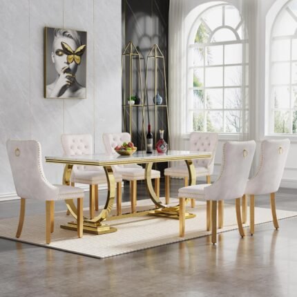 7 Piece Dining Table Set for 6, Faux Marble Gold Dining Table with 6 Fabric Dining Chair, Heavy Luxury Dining Room Table and Chairs Set for 6, 70in Imitation Marble Kitchen Table Set for 6