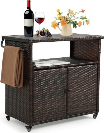 HOMEFUN Outdoor Grill Carts with Storage Cabinet - Outside Bar Cart with Wheels Wicker Patio Kitchen Island Table Weatherproof Prep Stand, Brown