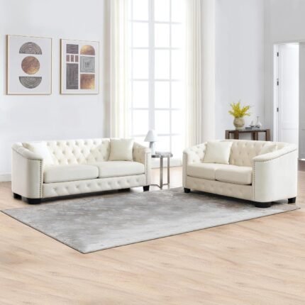 mikibama Luxury 2 Piece Chesterfield Velvet Sofa Set for Living Room, Modern Decor Furniture Sectional Sofa, 3 Seater & Loveseat Upholstered Tufted Couch for Apartment, Office, Hall(Beige)