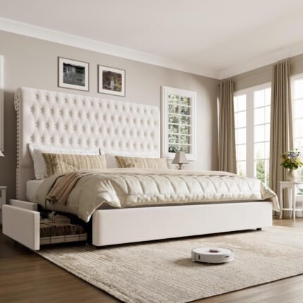 King Size Bed Frame 54" Tall Headboard with Gorgeous Button Tufted and Nail, Velvet Fabric Upholstered Bed Frame includes 4 Under-bed Storage Drawers, Wooden Slats, Noise-Free, Easy Assembly, Beige