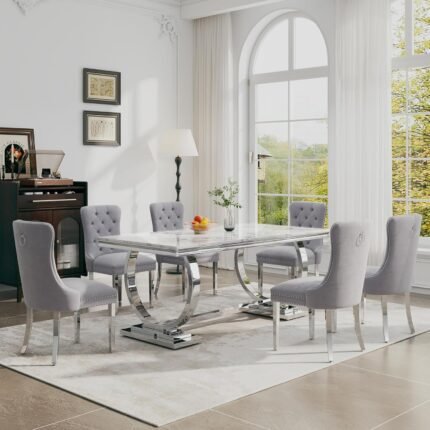 Luxury 7-Piece Dining Table Set with 70" Double O-Shaped Faux Marble Kitchen Table and 6 Velvet Tufted Chairs, for Kitchen, Dining Room (1 White Table + 6 Grey Chairs)