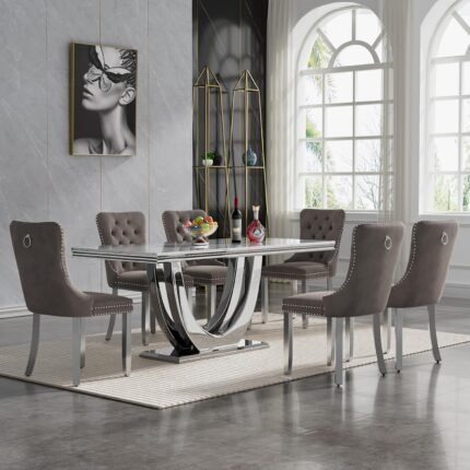 Marble Dining Table Set for 6, Luxury Kitchen Table and Chairs Set, Modern Dining Room Set with 70" Faux Marble Dinner Table and 6 Velvet Chairs(White Silver Table with 6 Grey Chairs)