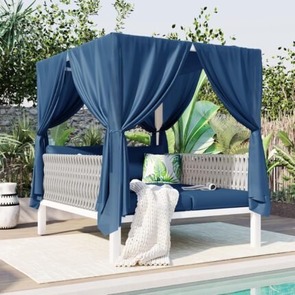 Double Lounge Patio Furniture Set, Outdoor Patio Sunbed with Curtains and Removable Cushion, Patio Conversation Set, Suitable for Multiple Scenarios, Gardens, Backyards, Blue
