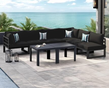 NICESOUL® 8 Piece Aluminum Outdoor Patio Furniture Conversation Sofa Set, Grey Large Size Luxury Sectional Couch with Coffee Table Black Olefin Cushion for Backyard Garden, 2 Color Cushions