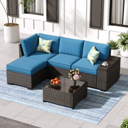 Jing's Villa 5-Piece Patio Furniture Set, All-Weather Outdoor Wicker Sectional Sofa with Cushions, Tempered Glass Table & Ottoman, Rattan Conversation Seating for Porch, Garden, Backyard,Peacock Blue