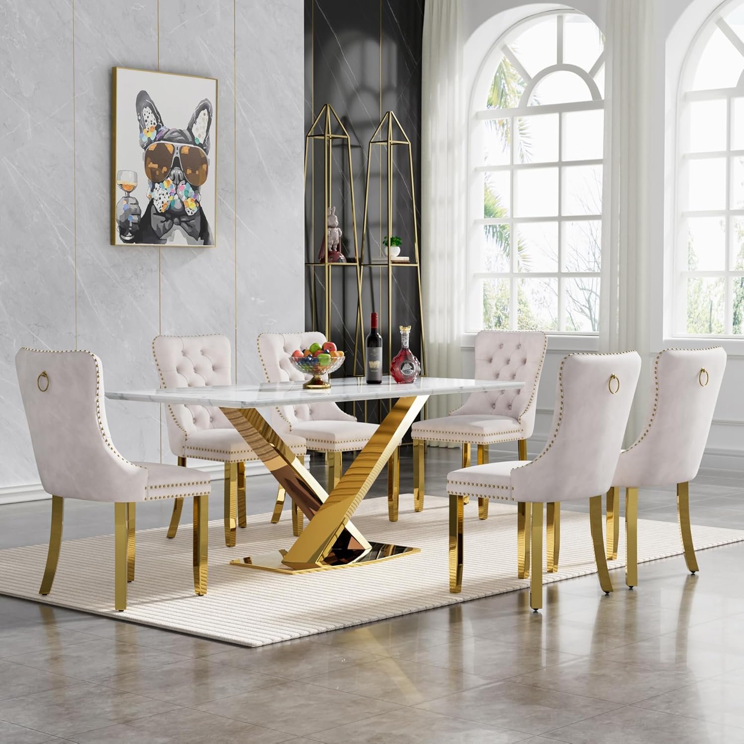 7 Piece Dining Table Set with 6 Beige Dining Chair, 63'' Luxury Faux Marble White and Gold Dining Table Set for 6, X-shape Base Dining Room Table and Chairs Set for 6, Dining Kitchen Table Set for 6