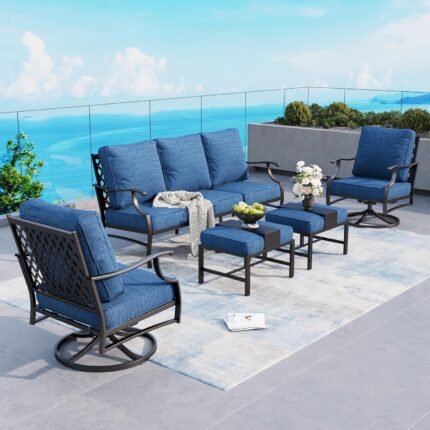 5 Piece Metal Outdoor Patio Furniture Set, Patio Conversation Sets 3-seater Sofa, 2 Swivel Chairs, 2 Ottomans with 5.75" Thick Cushion, Black All-weather Backyard Furniture Set, Blue-2