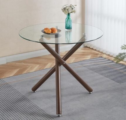 36" Round Glass Dining Table,Small Glass Dining Table for 2-4,Modern Circle Kitchen Dining Room Tables with Walnut Cross Metal Legs,Round Dinner Coffee Tables for Dining Room Living Room
