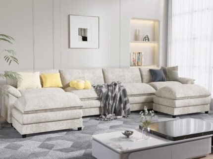 Furmax Modern Convertible Sofa U Shaped Couch, Fabric 6 Seat Sofa Set with Ottoman, Modular Sectional Sofa Couch, Sectional Couches for Living Room, Apartment (Beige)